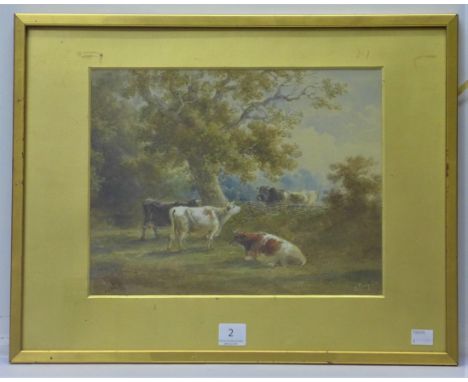 H. Earp Senior, cows and bull under a shady tree, watercolour, 26 x 32cms, framed