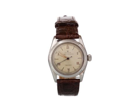 serial number 503508, the round dial with Roman and baton hour markers, 28mm case, on a brown crocodile strap, lacking box an