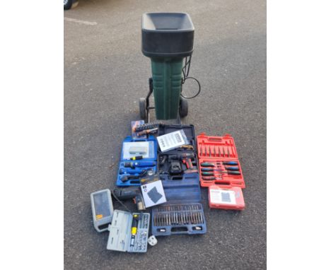 An Atco 1800 electric shredder, together with a selection of cased socket sets, cordless drills and other hand tools.