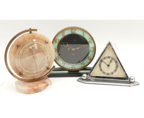 A collection of three 1920's Art Deco-inspired mantel clocks, to include, a Sermon triangular chrome example, a Smiths circul