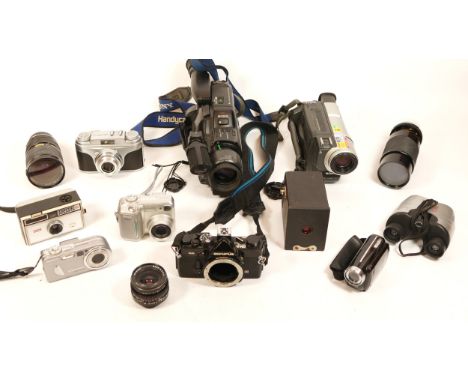 A Collection of Cameras, including Olympus OM-2n body in black, an M42 Pentacon 30mm f/3.5 lens, a camcorder