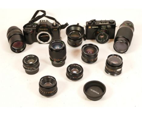 Yashica cameras and Lenses; A case containing a 108 Multi Program SLR body, an Electro 35CC CRF with 35mm f/1.8 Color Yashino