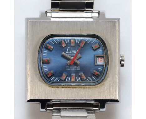 Limit, International, a stainless steel manual wind blue dial date gentleman's wristwatch, 37 x 33mm.Working when catalogued