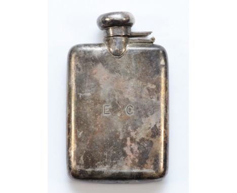 A silver hip flask, Birmingham 1914, bayonet cap, E.C. initials, 9.5cm, 73gm.hinge broken