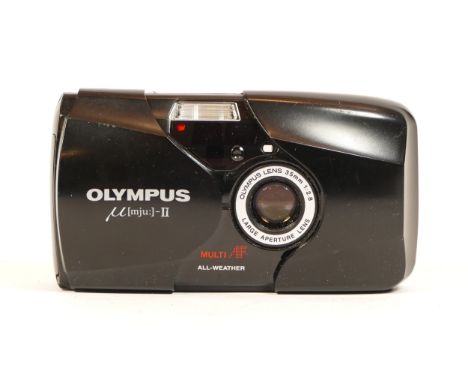 An Olympus Mju II 35mm AF compact camera, boxed with wrist strap and instructions