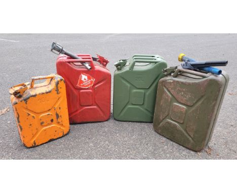 Four steel jerry cans to include, three x 20L (one with military arrow), one x 10L.