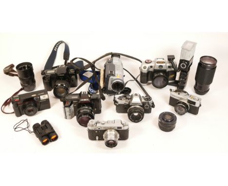 A Collection of Cameras, including Olympus Trip 35, a Fed 2 with N-26M lens, an Olympus OM-10, others including Pentax and Ca