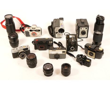 A Collection of Cameras to include Olympus Trip 35, a Pentax Auto 110 with 24mm lens, a Carl Zeiss Jena 70-210 Zoom lens, fur