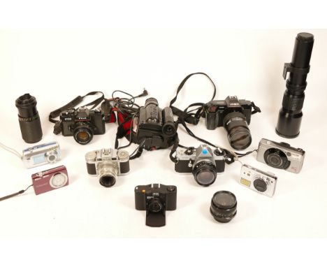 A Collection of Cameras, including a Minox 35GT, a Pentax ME Super with 1.7 lens, Fuji STX-2, a Sony camcorder, a Canon Power