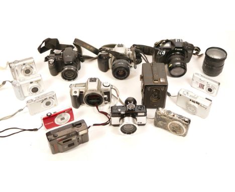 A Collection of Cameras, including a Minolta Dynax 500si, a Fujifilm Finepix S4500, a Canon EOS 650, a Lomo Panoramic camera,