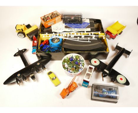 A collection of playworn diecast models, makers to include Corgi, Dinky and Matchbox, together with a Scalextric model car ra