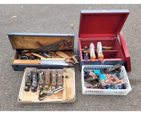 Two carpenters wood tool chests and contents, to include early 20th century and later hand tools, stanley planes, chizels, sa