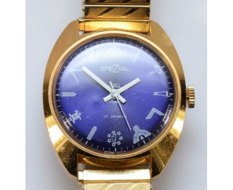 Spezial, a gold plated Masonic manual wind blue dial gentleman's wristwatch, 34 x 40mm.Working when catalogued