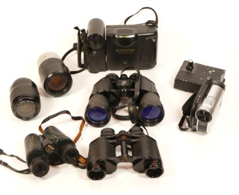 A Collection of Cameras, including a Sony DCD-DVR 110 DVD camcorder, a Sharp Viewcam, a Canon EF 80-200mm lens, a boxed Minol