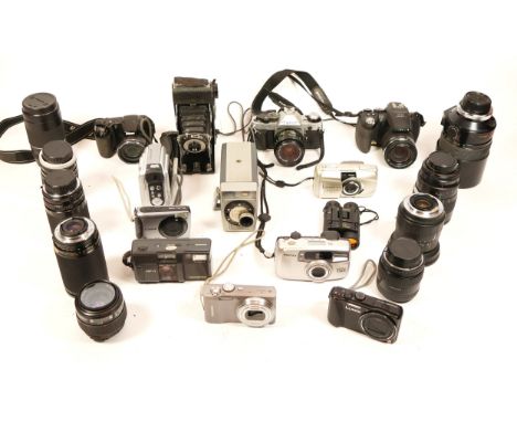 A Collection of Cameras, including Fujifilm Finepix S10, a Canon AE-1, a box of Viewmaster slides, various lenses including a