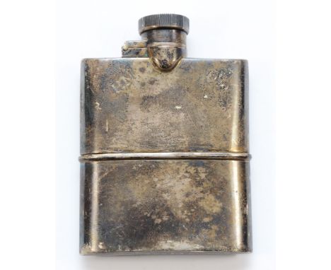 A WWII silver two part arched hip flask, Birmingham 1938, bayonet cap, engraved P.M. 1940, 9.5cm, 129gm