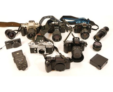 A Collection of Cameras, including Petri TTL, Pentax SF-70, Canon EOS 500, Miranda