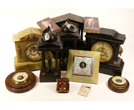 A collection of clocks and timepieces, to include Victorian slate and green marble mantel clocks, two wristwatches, Sekonda a
