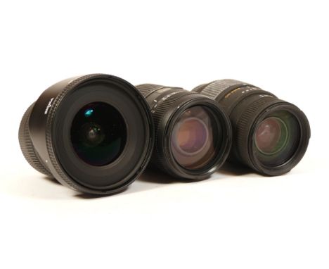 Three Nikon fit lenses, to include a Sigma 10-20mm EX DC HSM with case, hood and caps, a Sigma 70-300mm f/4-5.6 DG with caps,