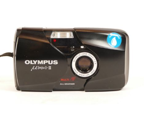 An Olympus Mju II 35mm AF compact camera, cased with wrist strap