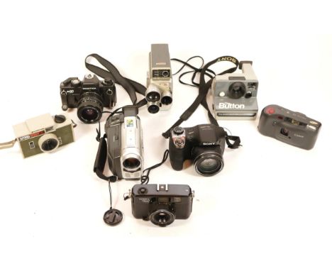 A Collection of Cameras, including a Yashica ME-2, Praktica BX20, a Sony DSC H300, a Canon camera