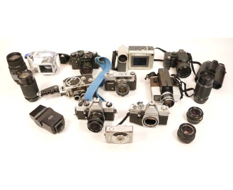 A Collection of Cameras and equipment, to include a Pentax SMC 28mm f/2.8 lens, a Nikon fit AF 70-300mm Sigma DG lens, a Bole