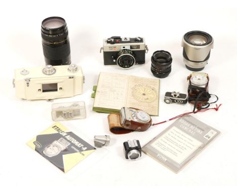 Cameras and accessories, including a Ricoh 500ME rangefinder camera, Pentax 28-105mm AF lens, Canon EF 75-300mm lens