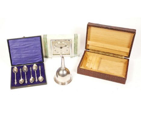 A collection of metal and homewares, to include an antique silver toned wine funnel, a set of six silver plated apostle spoon