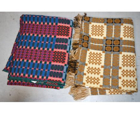 Two vintage 100% Welsh wool tapestry throws with geometric design, one in a mustard, cream and black palette and one raspberr