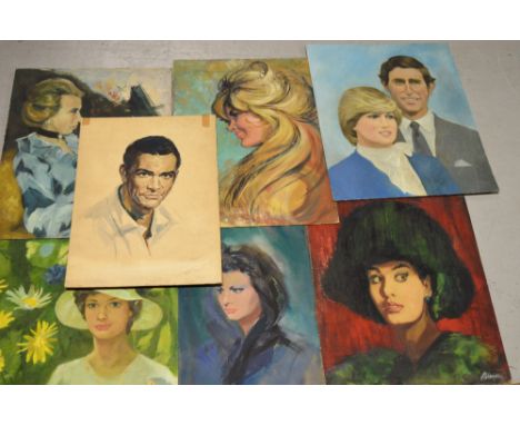 J.N. BAMFORD; seven artworks in various mediums, portrait of Sean Connery in pastels, watercolour of Sophia Lauren, a portrai