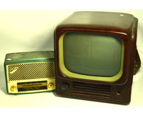 A vintage Bush brown bakelite television, converted to colour television (af) and a turquoise Defiant model A1 radio receiver