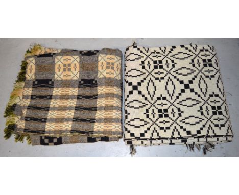 Two vintage 100% Welsh wool tapestry throws, with geometric patterns one in ivory and white palette and one in lavender, blac