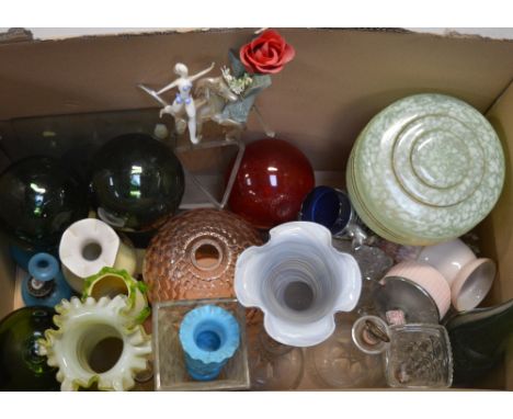 A quantity of glassware to include coloured glass vases, a sherry and port decanter, both with mother of pearl labels, a marb