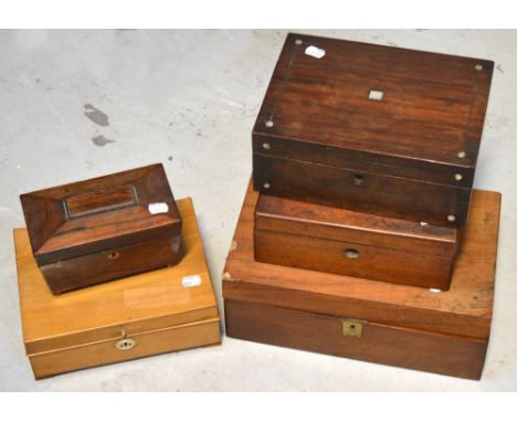 Four various 19th century writing/jewellery boxes to include a rosewood example with mother of pearl decoration and a 19th ce