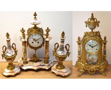 A reproduction French style mantel clock, the enamel dial set with Arabic numerals flanked by pillar supports, with a pair of