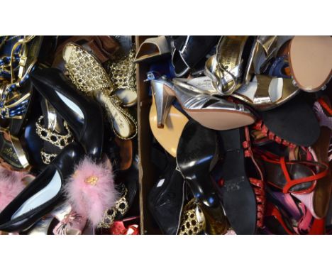 Two boxes of vintage shoes to include c.1960s kitten heel mules, leather stilettos etc (2).