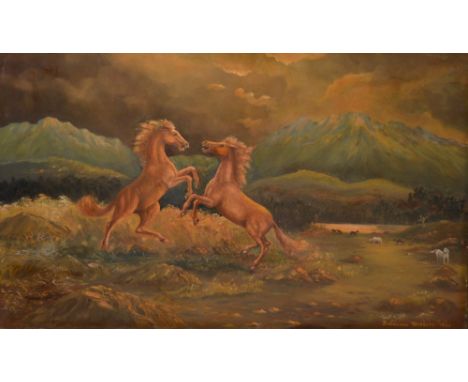 BUCKLAND WHEELER; oil on canvas, two rearing horses with further horses in the background with light breaking through clouds,