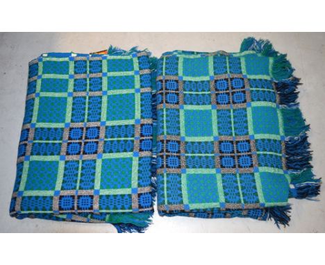 Two vintage 100% Welsh wool tapestry throws with geometric and square design, in electric blue and jade green (2).