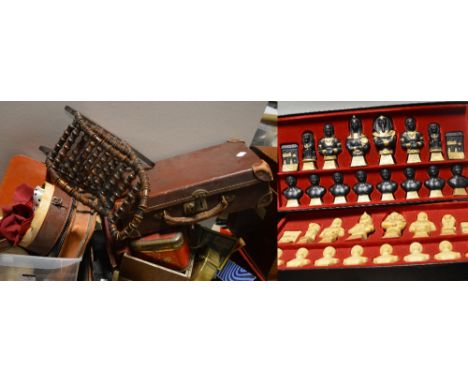 A quantity of collectors' items to include a small trunk, a doll's chair constructed from bobbins, travelling cases, a modern
