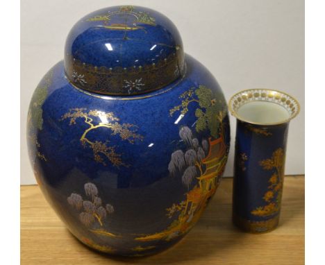 A large Carlton Ware blue ground ginger jar and cover with gilt heightened decoration (cover af) and a similar small vase (af