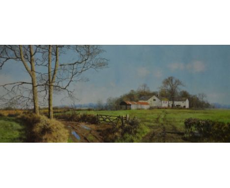 TONY WOODING (1969- present); oil on board, Welsh farmhouse within a rural landscape with trees and a wooden gate in the fore
