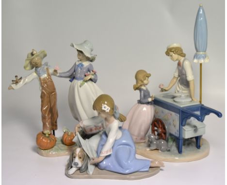 A Lladro figure group depicting a boy serving a young girl with a dog at an ice cream float, a figure group depicting a young