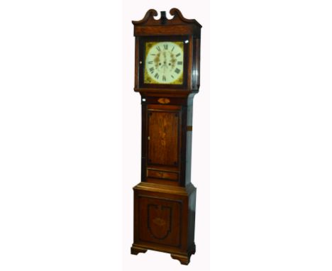 An early 19th century oak, mahogany and inlaid eight day longcase clock, with broken swan neck pediment above hand painted di