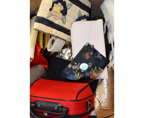 A box of vintage handbags and evening bags to include straw bags, clutch bags and a box of belts to include vintage and moder