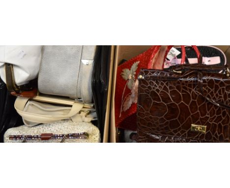 Two large boxes of vintage and modern bags to include leather handbags, straw bags, evening bags etc (2).