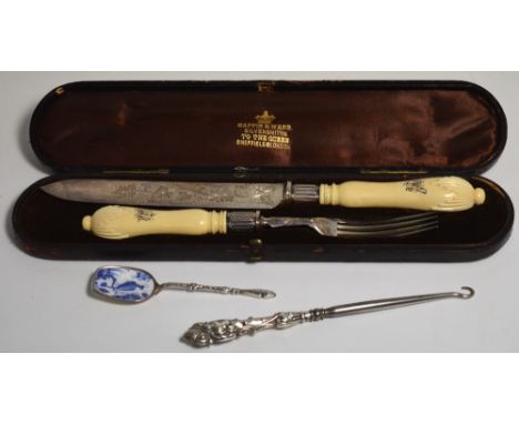 A cased Victorian hallmarked silver knife and fork set in original Mappin and Webb case, Sheffield 1864, a Continental silver