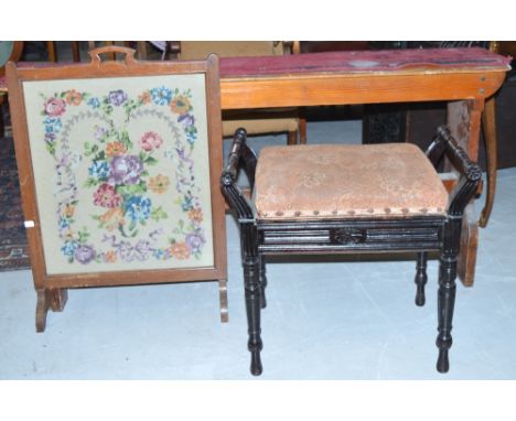 A vintage pine bench, 64 x 140cm, an Edwardian mahogany piano stool and an oak fire screen with glazed tapestry insert (3).