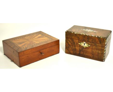 A 19th century burr walnut two division tea caddy with mother of pearl decoration and a mahogany work box with radially venee