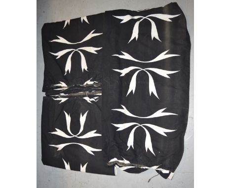 Three vintage Heal's black and white curtains with abstract leaf design and ivory lining, each panel approx 226 x 120cm (3).