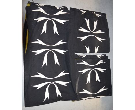 Three vintage Heal's black and white curtains with abstract leaf design and lime green lining, each panel approx 226 x 120cm 